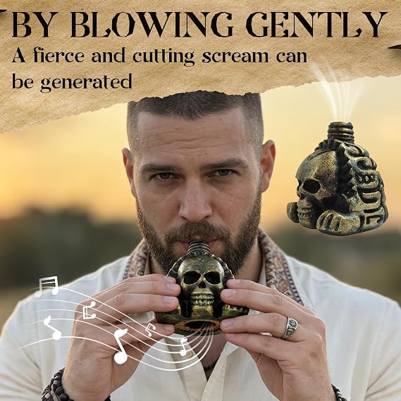Screaming Aztec Death Whistle, Loudest 125+ Decibels, Authentic Human Sounding Screams Death Whistle Easy Blow Aztec War Whistle-Skull Design