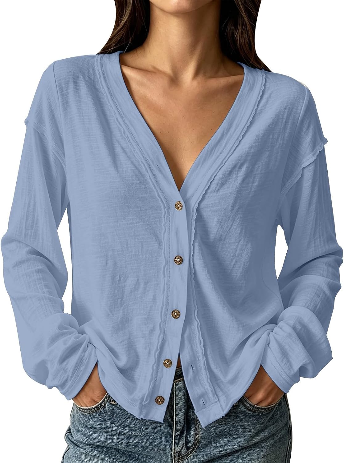 Women Cotton Linen Tunic Blouse,Long Sleeve,V Neck,Button Down,Loose Solid | Breathable blended material, all-match design for leisure dating and daily casual occasions
