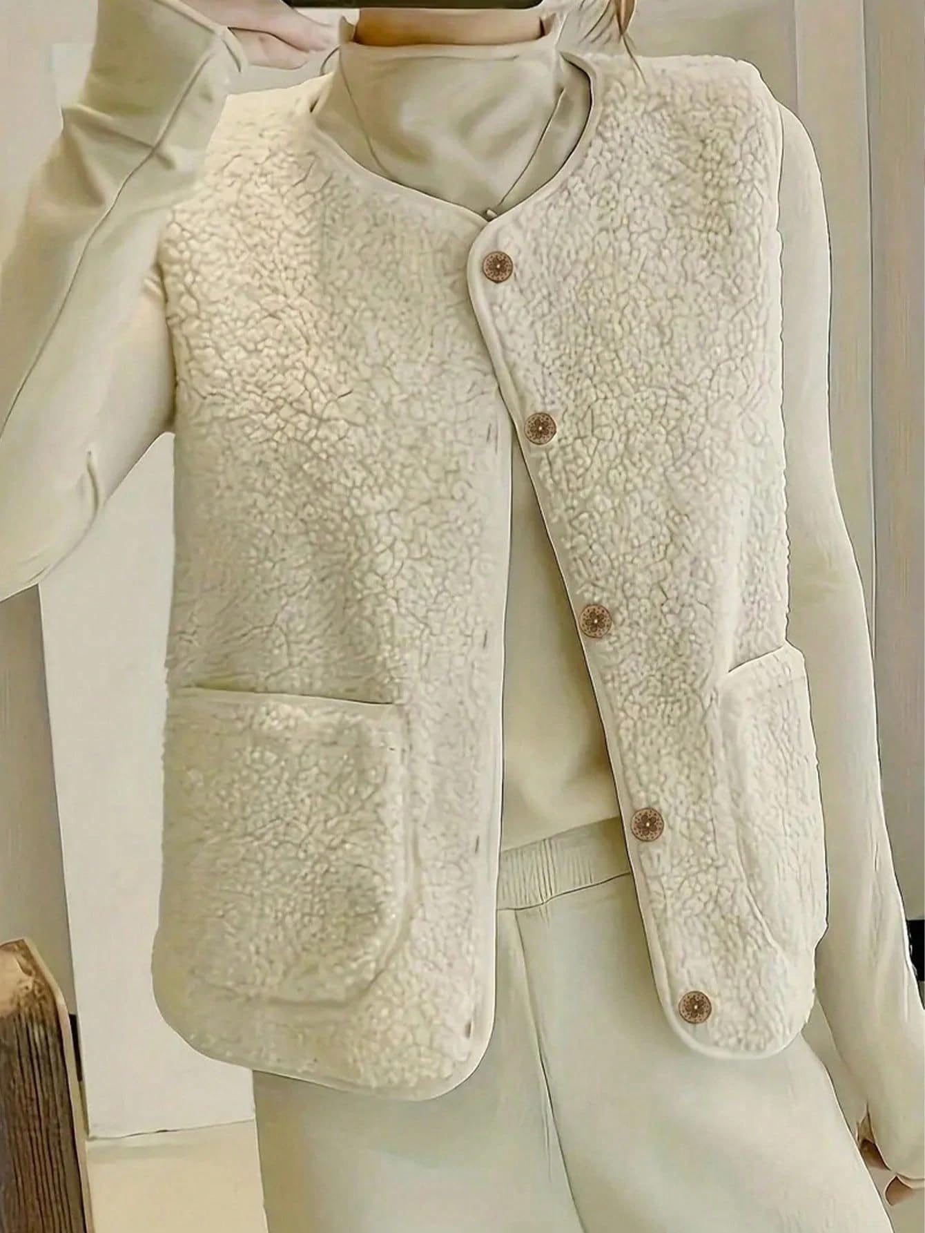 Damska kamizelka bez rękawów Teddy Fleece Dekolt w serek Krótka kamizelka polarowa z guzikami i kieszeniami pikowana kamizelka termiczna ciepła praktyczna kamizelka do układania