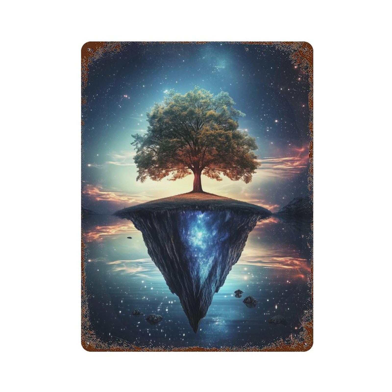 Weathered Tin Sign with Floating Island Tree Design 15.7"x11.8", for Garage, Bar And Workshop Decor, Decorative Metal Wall Art