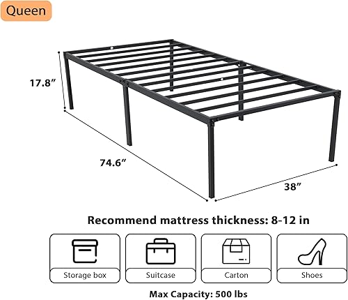 Miniatura 2 de Marco de cama de metal de tamaño individual de 14 pulgadas, marco de cama resistente, plataforma de metal, base de cama con almacenamiento, no