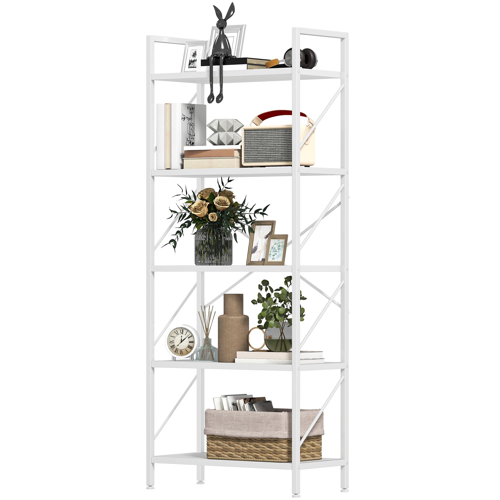 DWVO Scaffale per libri a 5 ripiani, in legno e metallo, libreria industriale, scaffale alto per soggiorno, cucina, camera da letto, scaffale per libri bianco puro