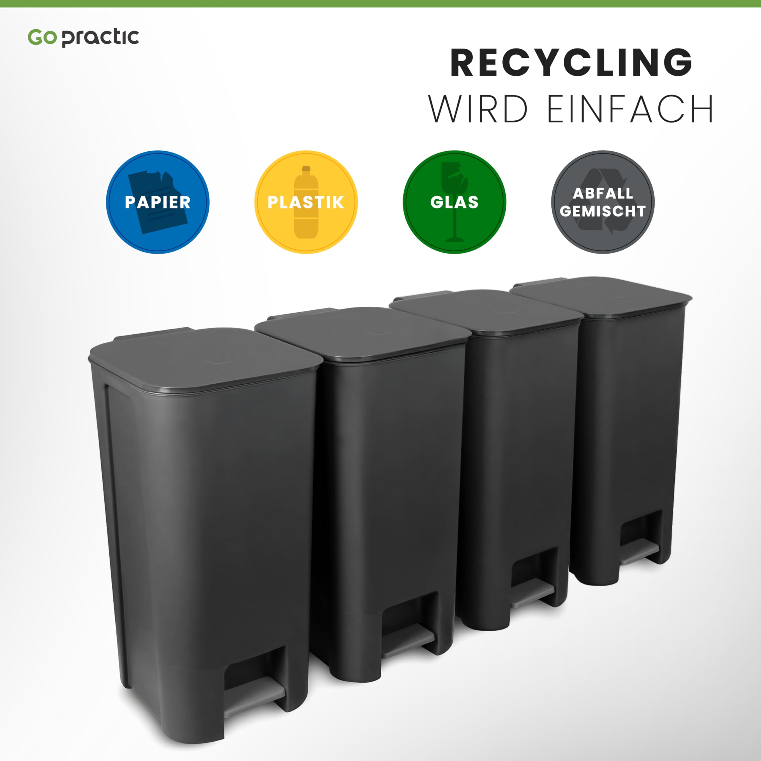 Treteimer Set x40L Grau, Tretmülleimer mit Pedal und Deckel, Mülleimer, Mülltrennsystem für Papier, Kunststoff, Küchenmülleimer Recycling, Küche