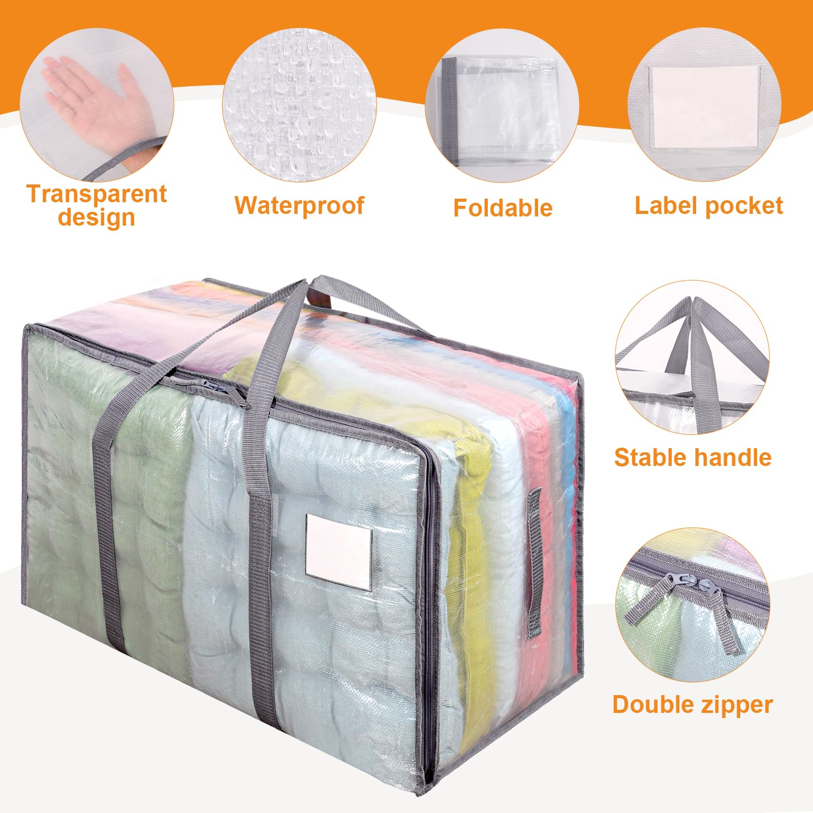 Dntorx 4 Pack 105L Clear Moving Bags Clothes Storage Bags Heavy Duty Moving Totes Packing Bags with Zips for Moving Clothes Bedding Duvet Toys Storage Gray - Image 3