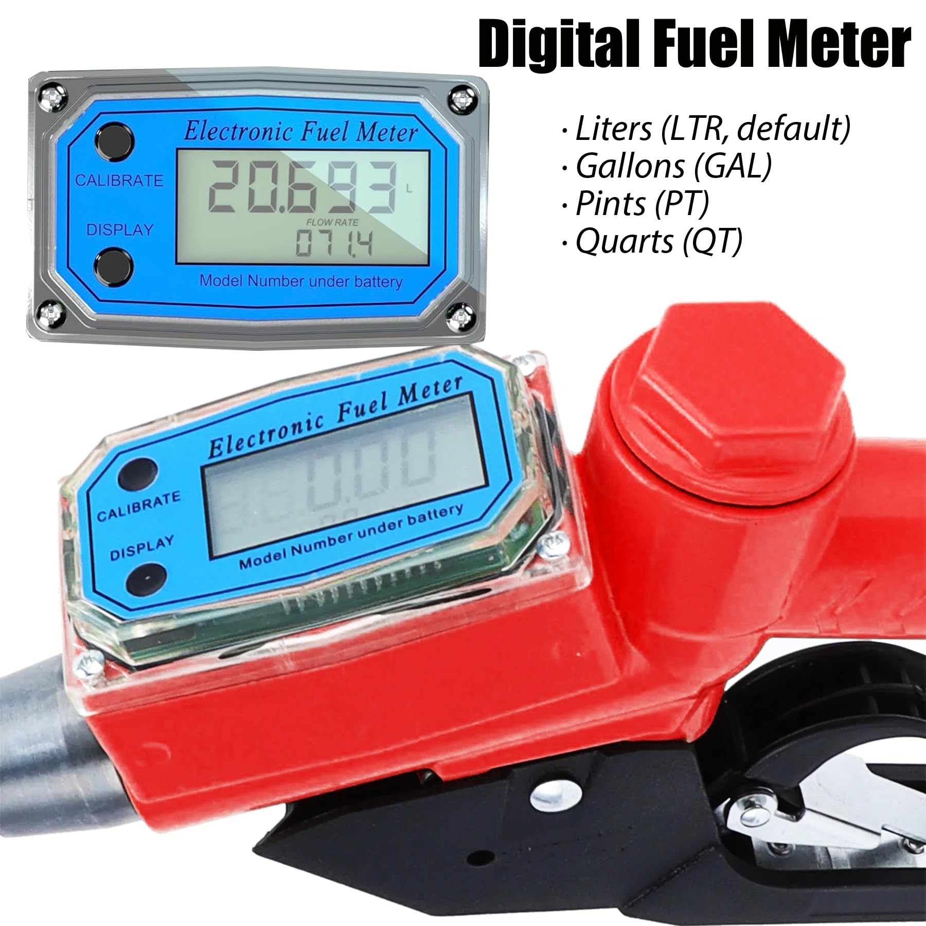 Electronic Fuel Nozzle, Gas Pump Nozzle with Digital Fuel Meter and 1 inch Swivel Fitting for Dispensing Petrol Diesel Kerosene Gasoline Meter, 4 Metering Units