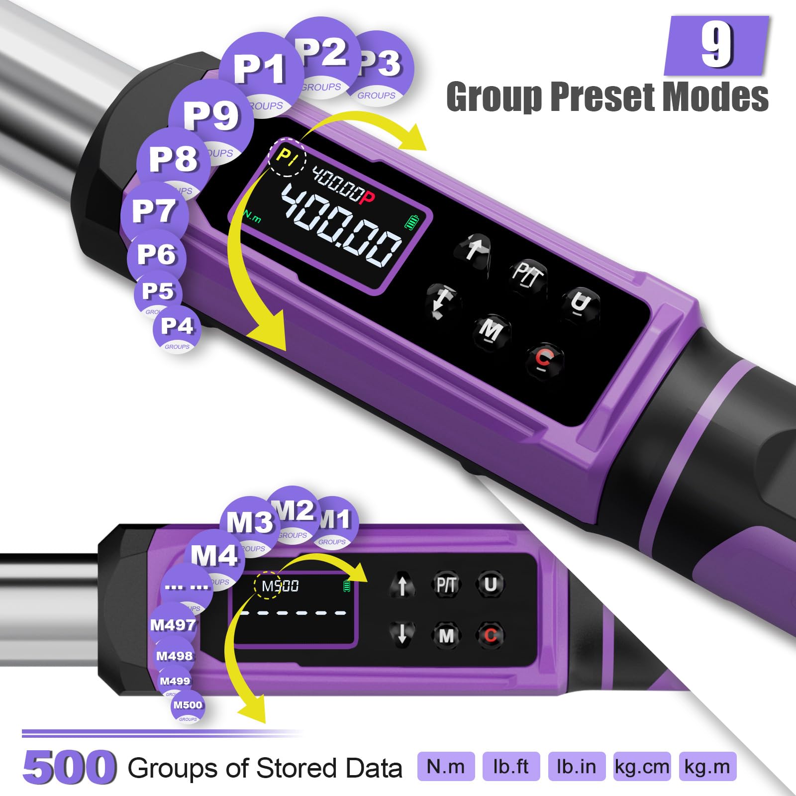 ANPUDS Digitaler Drehmomentschlüssel 1/2 Zoll, 6-400Nm, ±1% Genauigkeit | Elektronischer Drehmomentschlüssel Auto Set with 3/8" to 1/2" Adapter, 125mm Verlängerungsstange für Motorrad & Auto