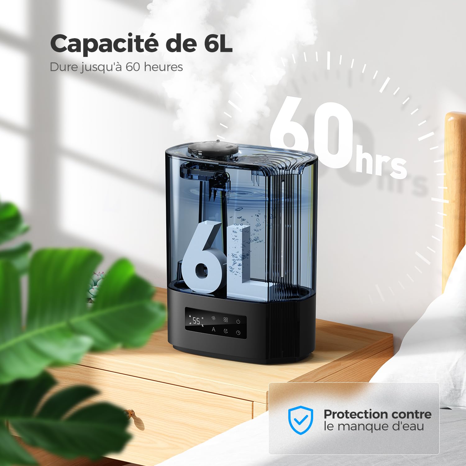 AROEVE Humidificateur d'Air Chambre 6L, Diffuseur d'Huiles Essentielles, Humidificateur à Ultrasons pour Bébé et Enfants, Plantes, Fonctionnement Silencieux 60h, Contrôle Intelligent de l'Humidité