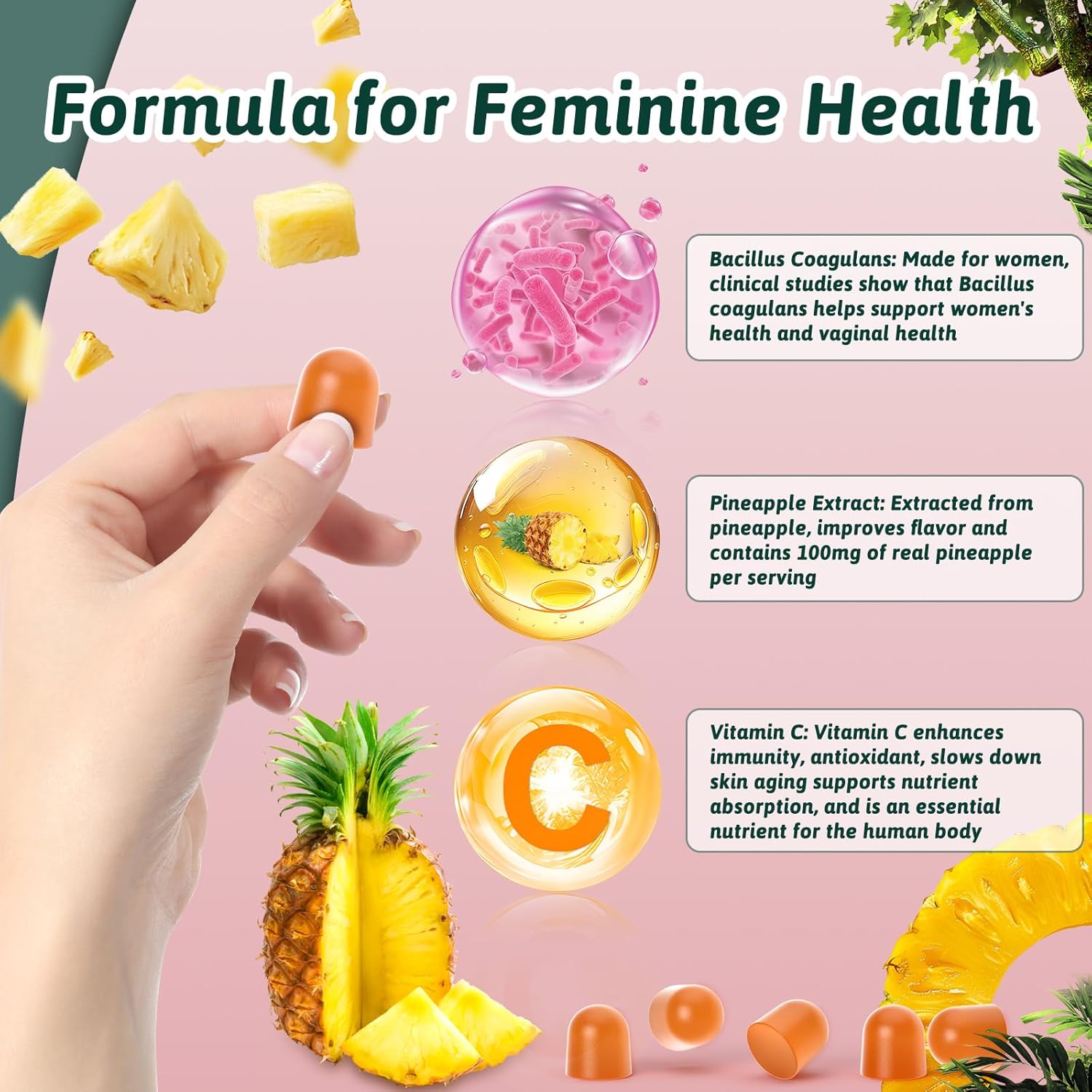 Feminine Balance Gummies for Women - Premium Balance Supplement for Women PH Health, Gut Healthy, Immune Support, Hawaiian Pineapple Flavor, 60 Gummies - Image 3