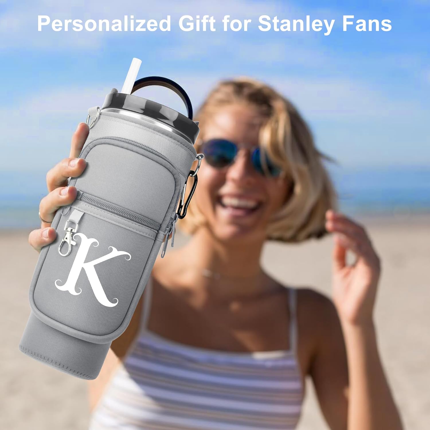 LOKASS Initial Water Bottle Holder with Upgrade Canvas Strap for Stanley 30 oz Tumbler, Gift for Mom Mother's Day Day gifts with Phone Pocket, Personalized Accessories for Stanley Cup, Grey - Z