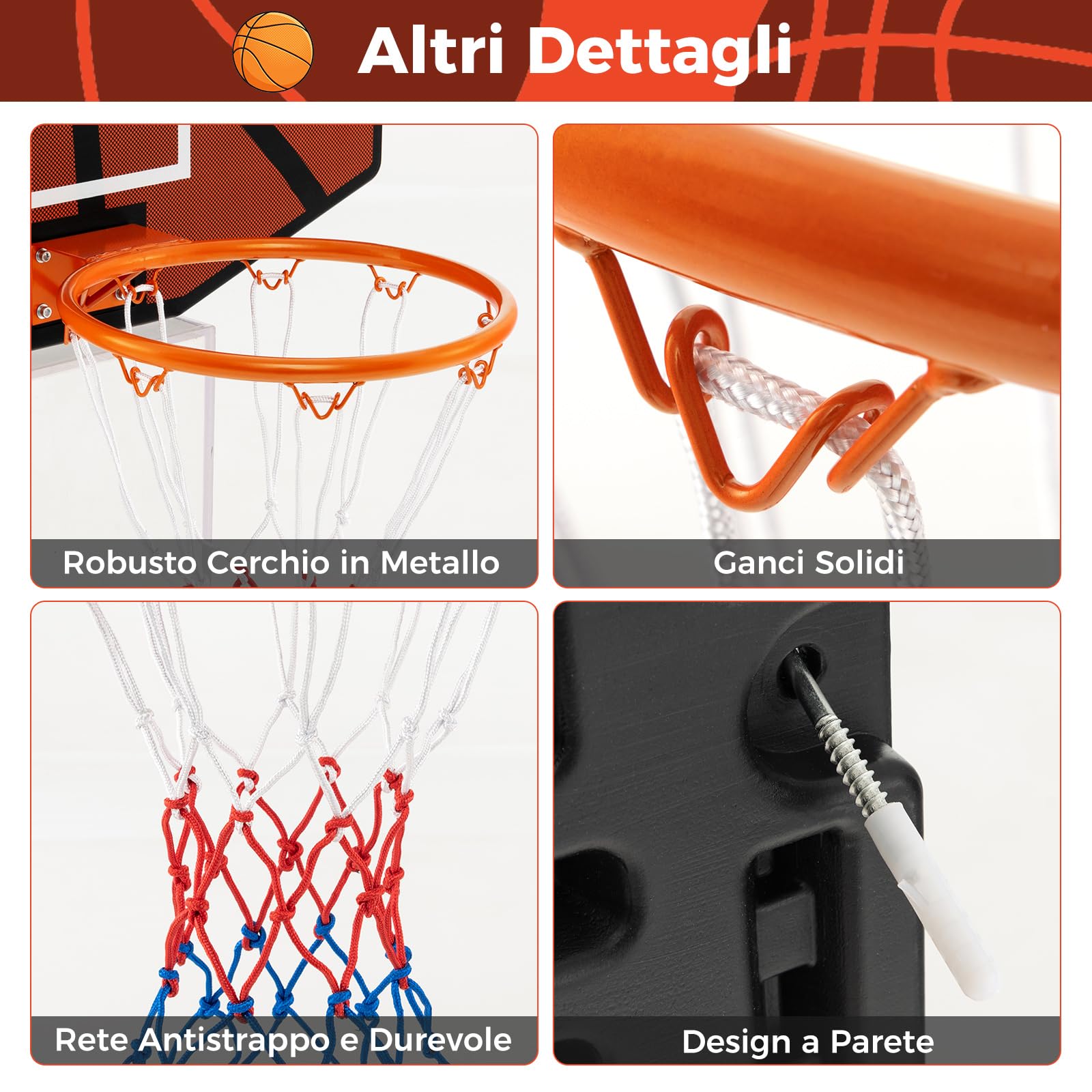 COSTWAY Tabellone Basket da Muro per Bambini e Adulti, Canestro da Basket a Parete da Interni ed Esterni con Tabellone Antiproiettile da 66,5 x 44,5 cm, Rete Anti-strappo e Accessori Completi