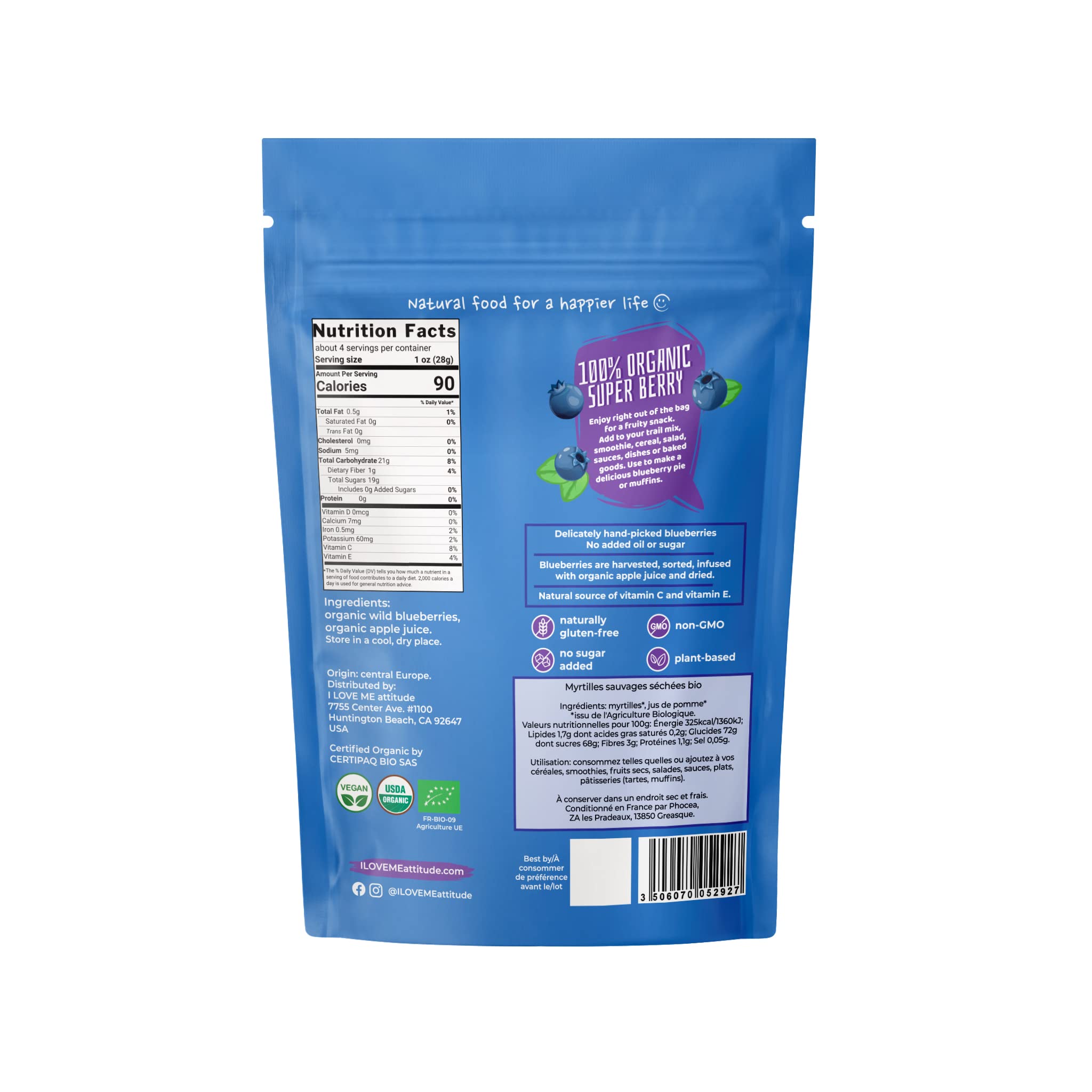 Myrtilles sauvages séchées biologiques, sucrées