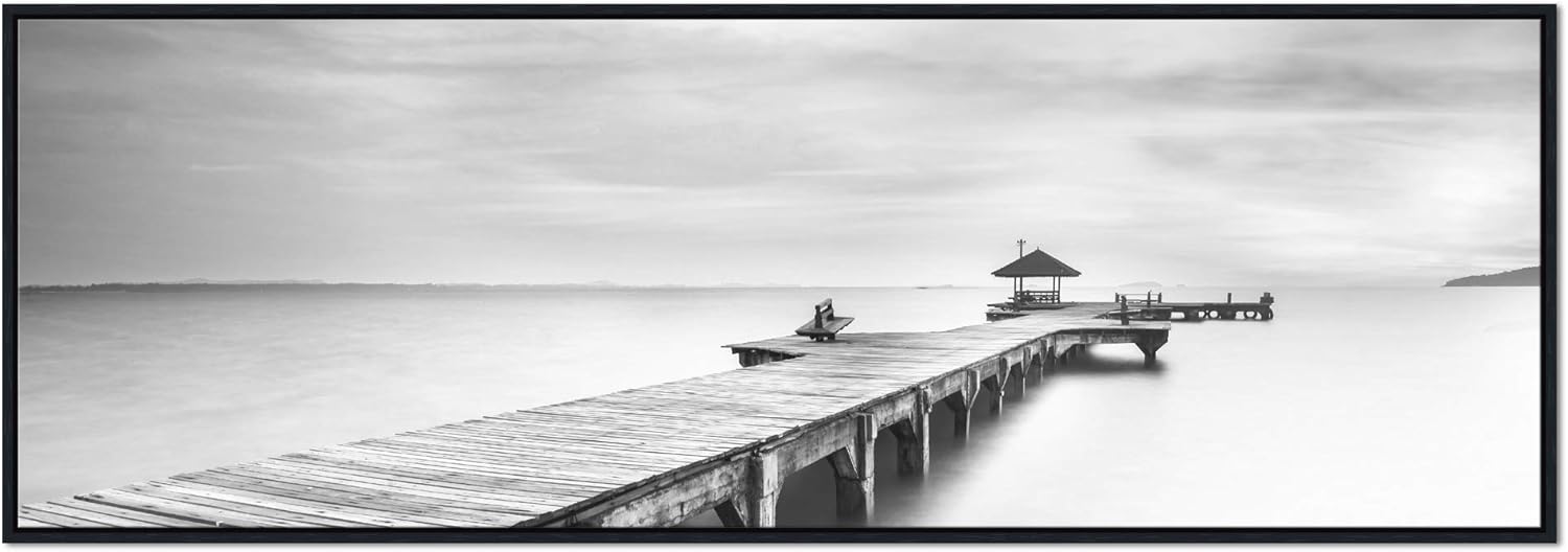 Pyradecor Black Framed Canvas Wall Art Large Black and White Peace Ocean Bridge Landscape Canvas Prints Modern Seascape Artwork for Living Room Bedroom Decorations