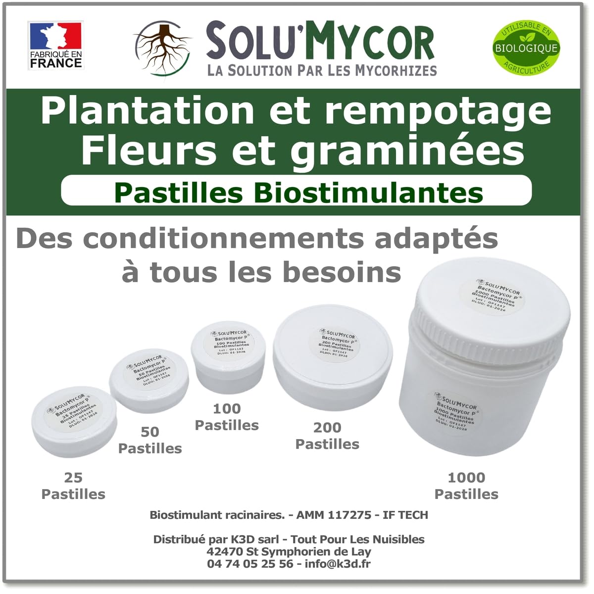 SoluMycor – 1000 Pastilles Biostimulantes Fleurs et graminées – Idéal pour Semis & Plantation – Mycorhizes & Bactéries Azospirillum – Favorise le Développement Racinaire – Fabriqué en France