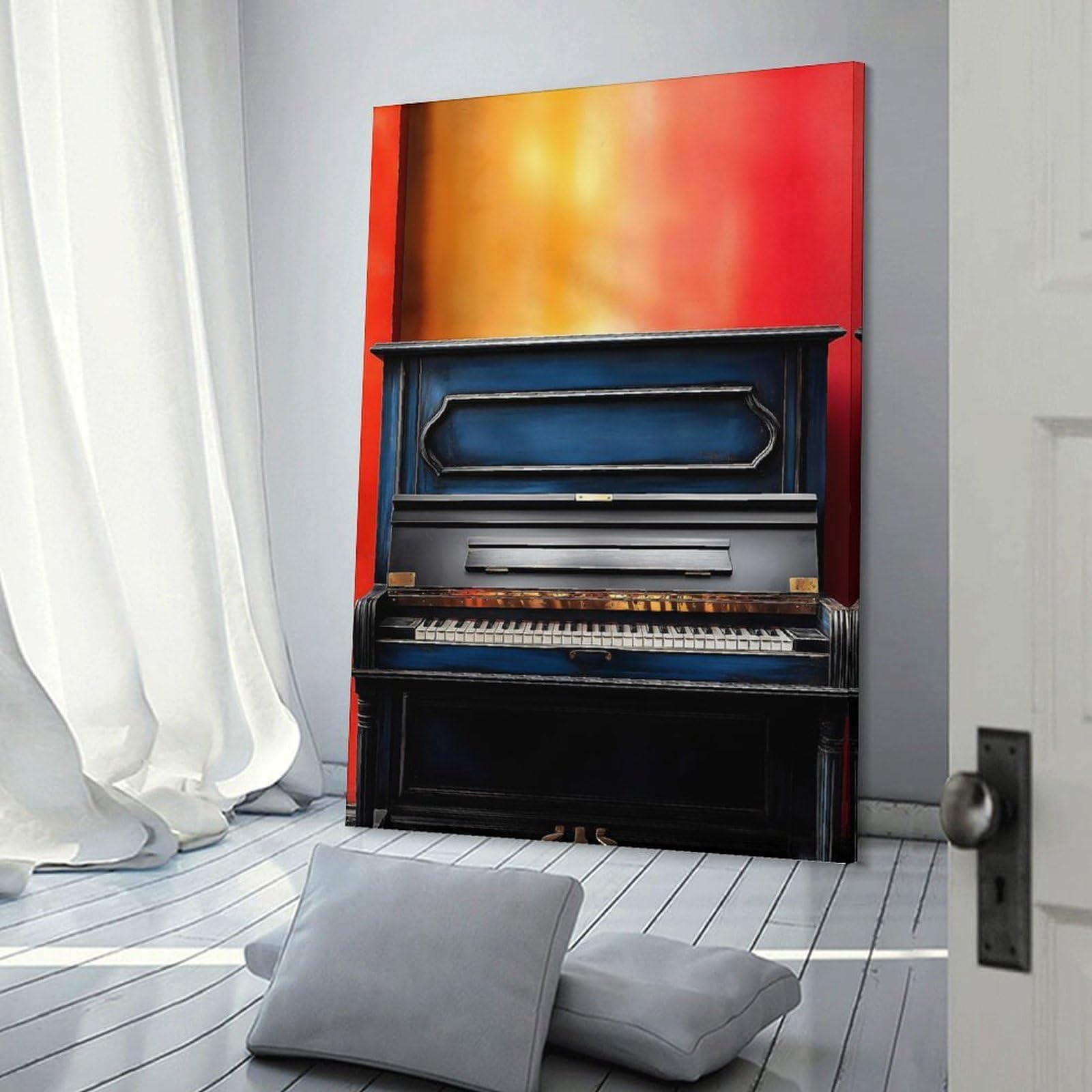 Junmoney Frame-Style-21 Canvas Art Print Blue Piano Against Red Wall, 24X36inch(60X90cm), For Contemporary Homes, Apartments Or Offices, Decorative Canvas Decor For Home Updates
