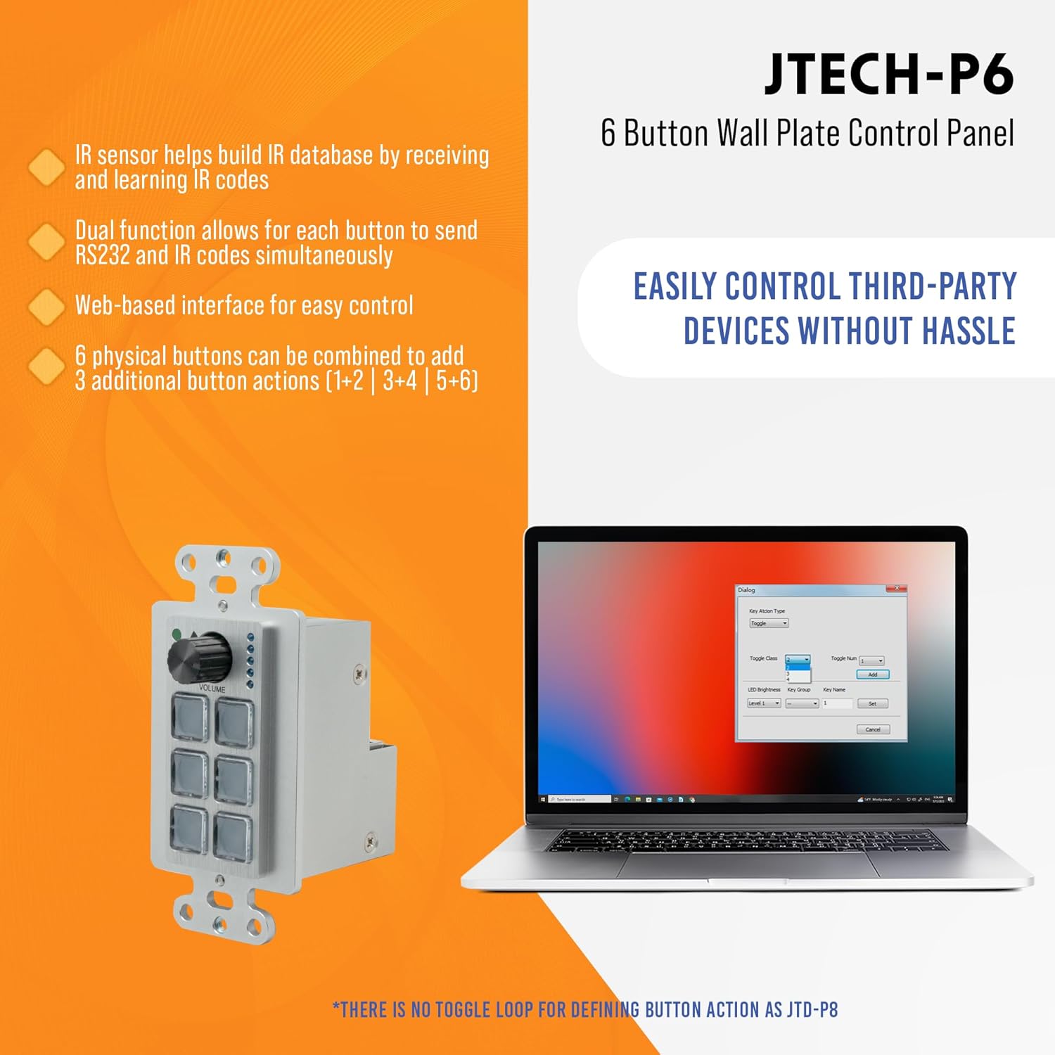 6-Button Control Panel Wall Plate w/Customizable Buttons, Volume Knob, RS232, IR, TCP/IP, Relay Control, Supports PoE, and Web-Based Interface by J-Tech Digital [JTECH-P6]