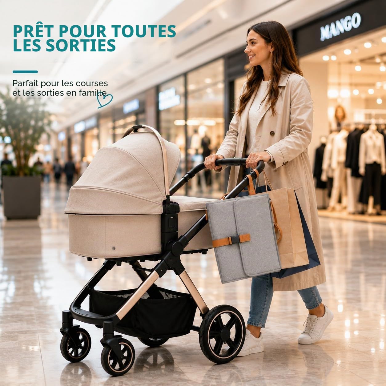 Sac à langer Baby Doyli Voyage XL | Matelas à langer pliable | Gris | 6 pockets for diapers, wipes, and keys with a harness to hang anywhere easily