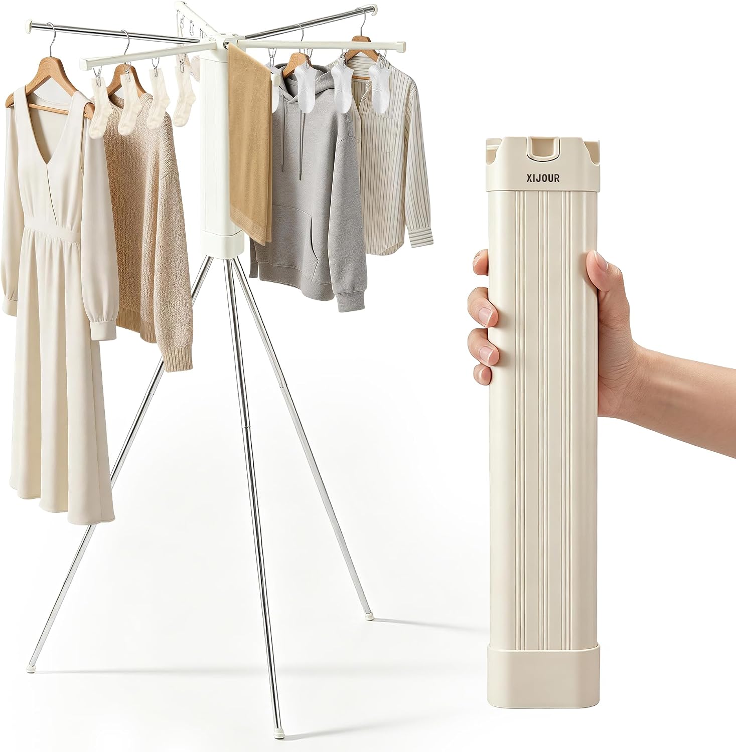 Foldable Clothes Drying Rack, Adjustable Windproof Laundry Drying Rack with Grooves & Clips, Tripod Clothes Drying Rack Stand for Indoor Outdoor,Travel, Camping, Hotel, RV, Small Apartment