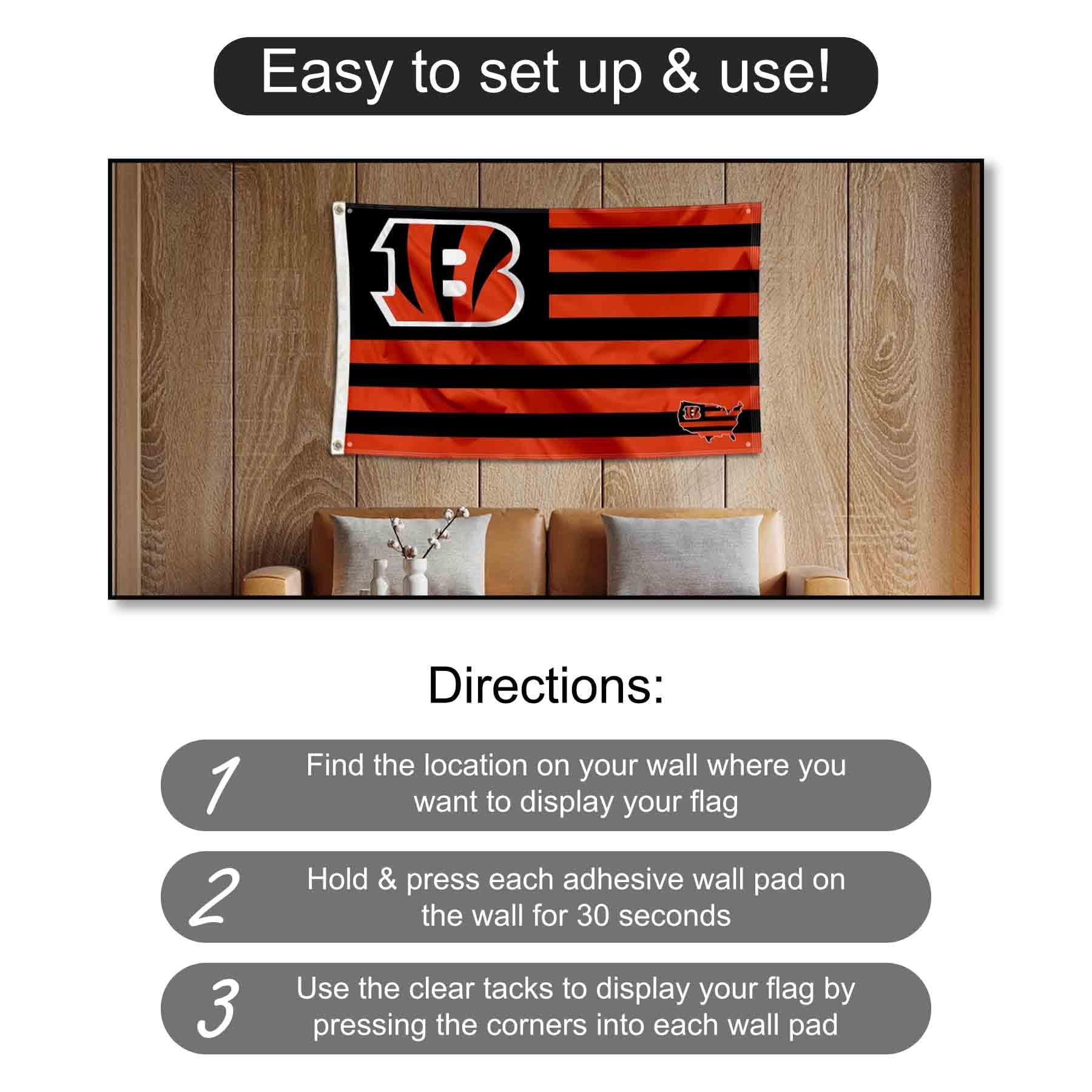 Cincinnati Bengals - Set Striscione Da Parete In Feltro 30,5x76,2 Cm Con Adesivi E Puntine - 3