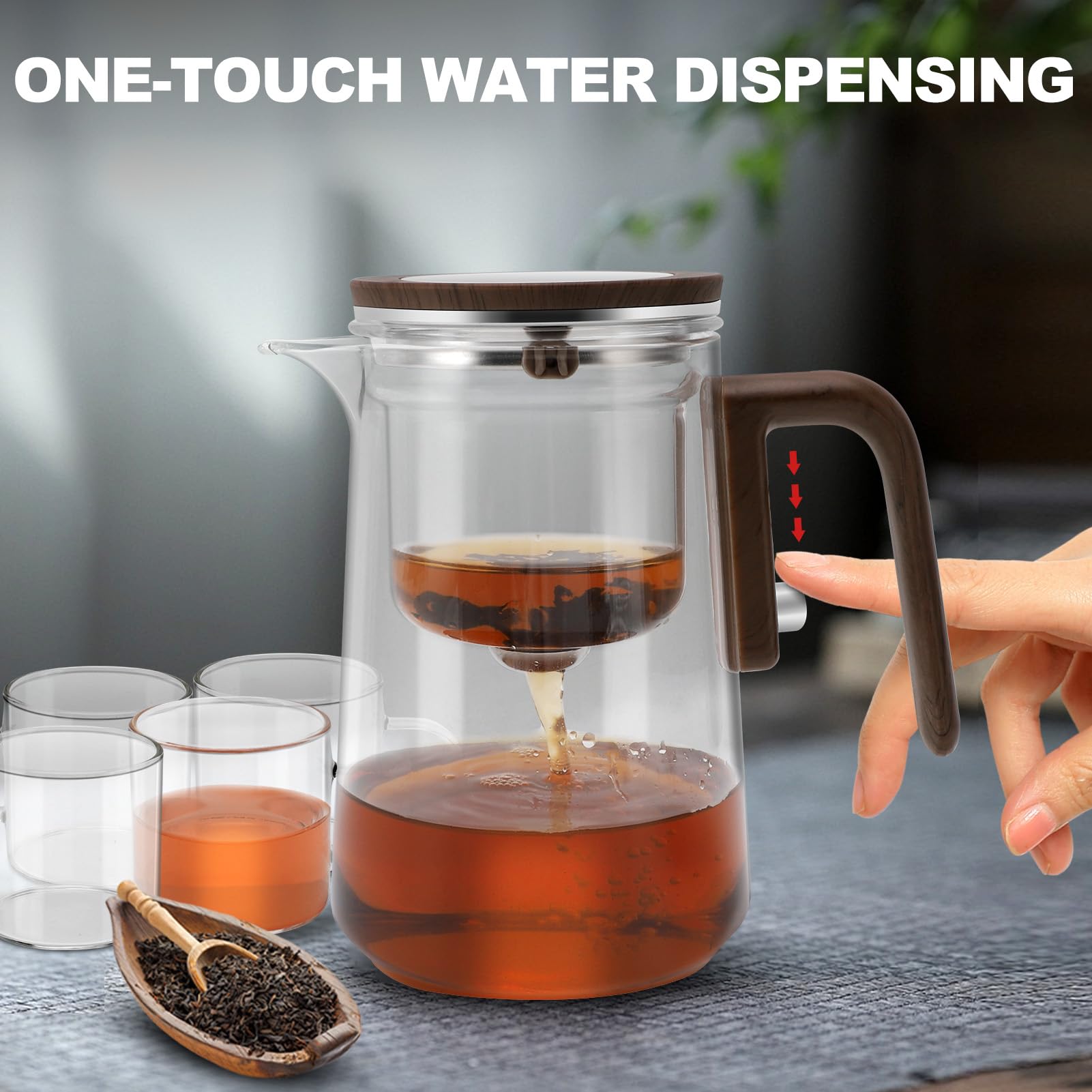 Set di Teiera Magica in Vetro Con Tazze da Tè, Divisore Con Riempimento dell'Acqua e Colino, Pressato per il Benessere e il Tè Pomeridiano (800 ml)