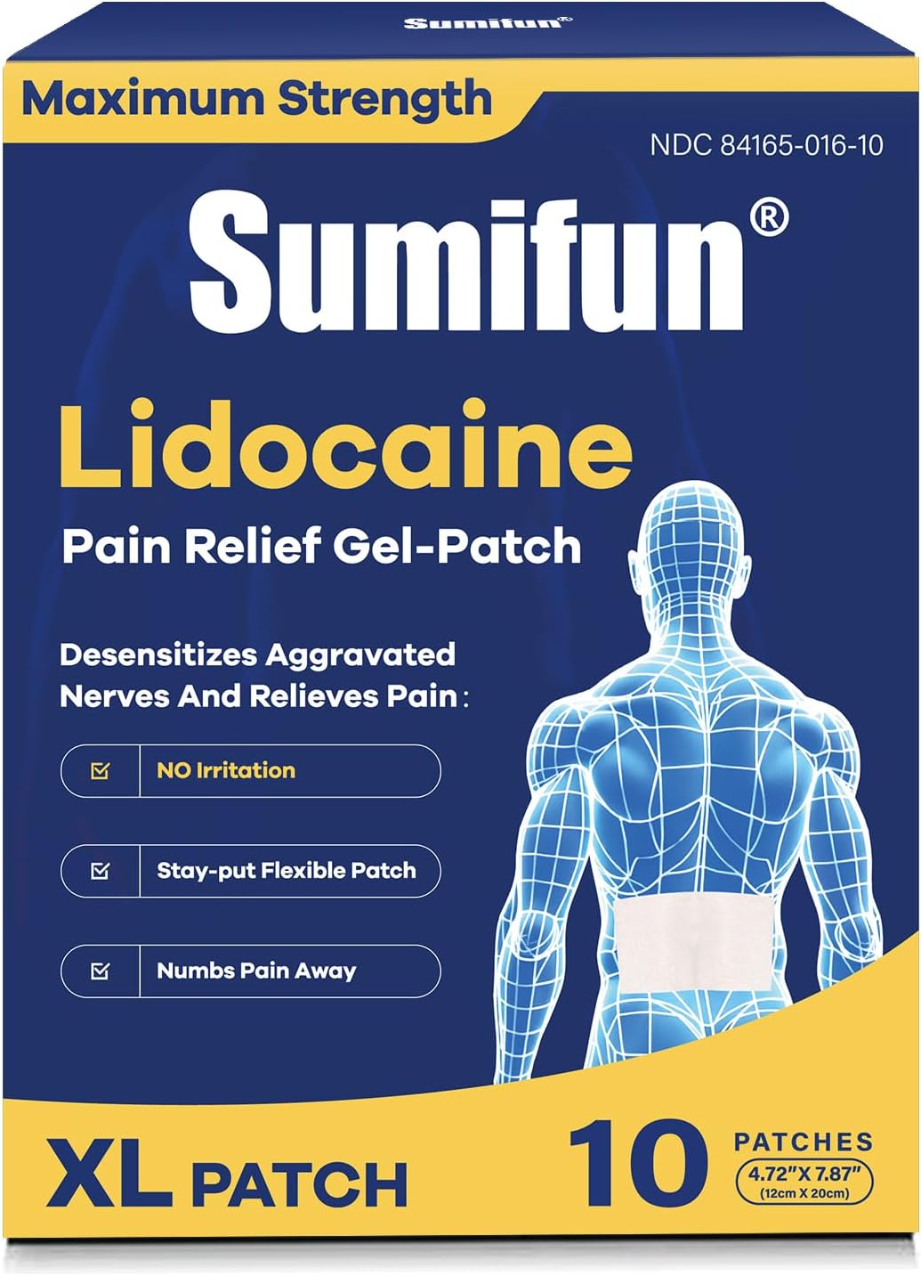 Sumifun XL 4% Lidocaine Patches, Maximum Strength OTC Numbing, Extra Large 4.72"x7.87" Pain Patches for Full Back, Leg Pain, Long-Lasting 8-Hour Pain Relief (Extra Large, Count, 10)