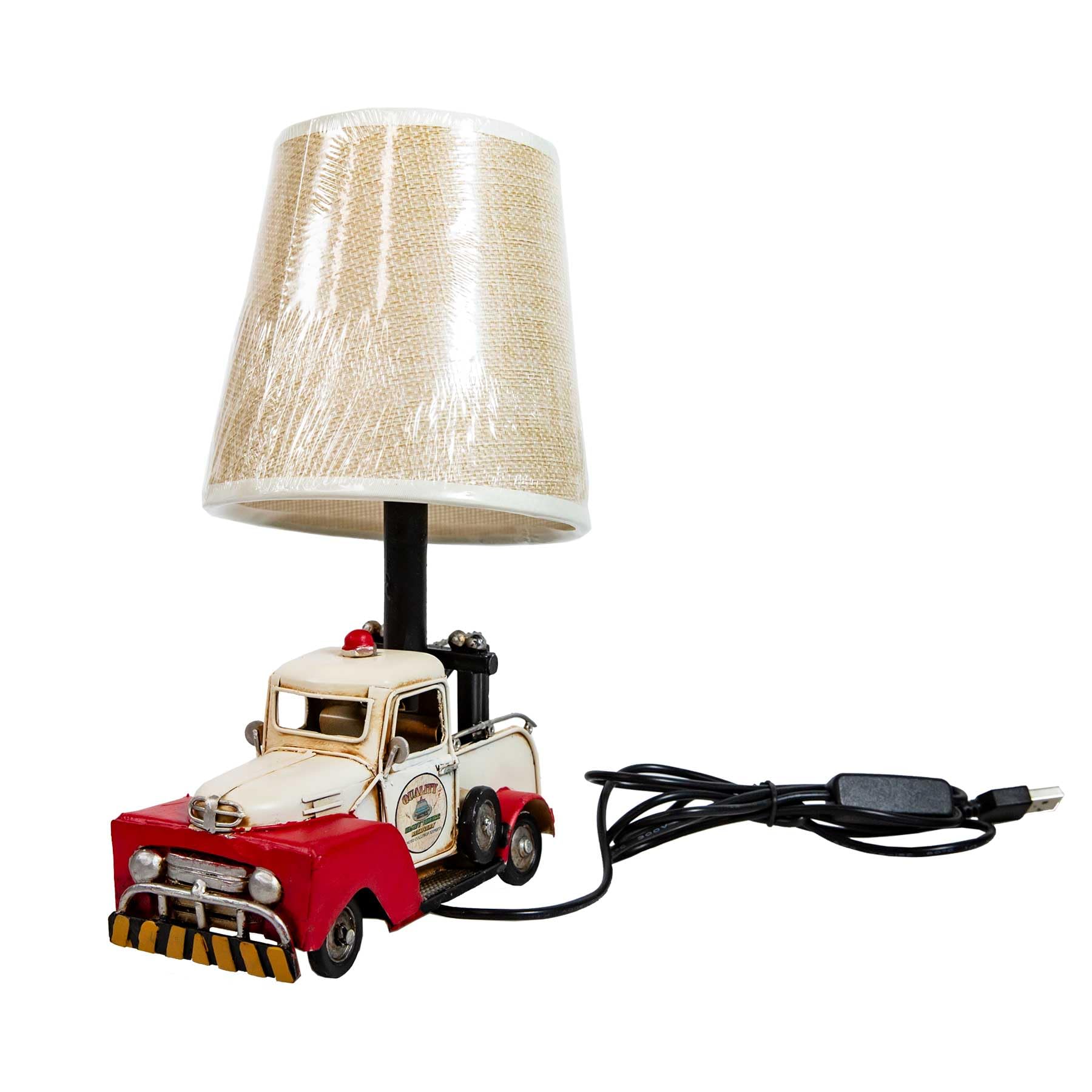 Berfutall-Decorative Rustic Red Vintage Truck USB Table Lamp，Night Light with Burlap Shade, 6.7 x 4.7 x 6.7 inches (C-White/Red)