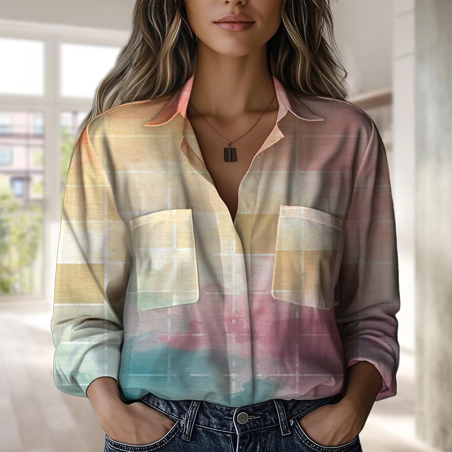 Summer Shirts for Women Boho Long Sleeve Button Down V Neck Dressy Office Work with Pocket Oversized Beach Top - Image 2