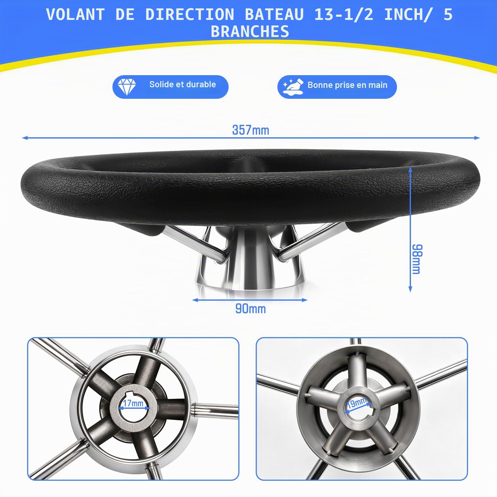 Geloo Volant en acier inoxydable avec mousse synthétique noire, 5 rayons 13-1/2", antidérapant et anti-transpiration pour bateau, yacht, bateau rapide