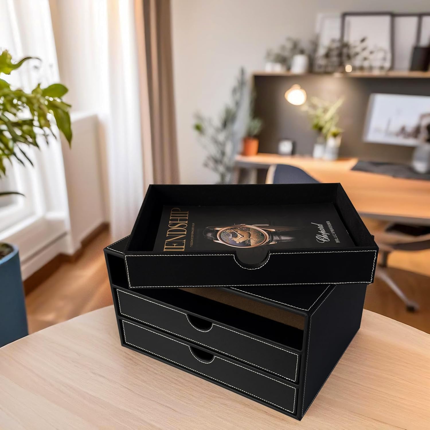 UnionBasic Document Organizer, 3-Drawer File Cabinet Document Storage Box, Office Desktop Filing Organizer, Black with White Stitching