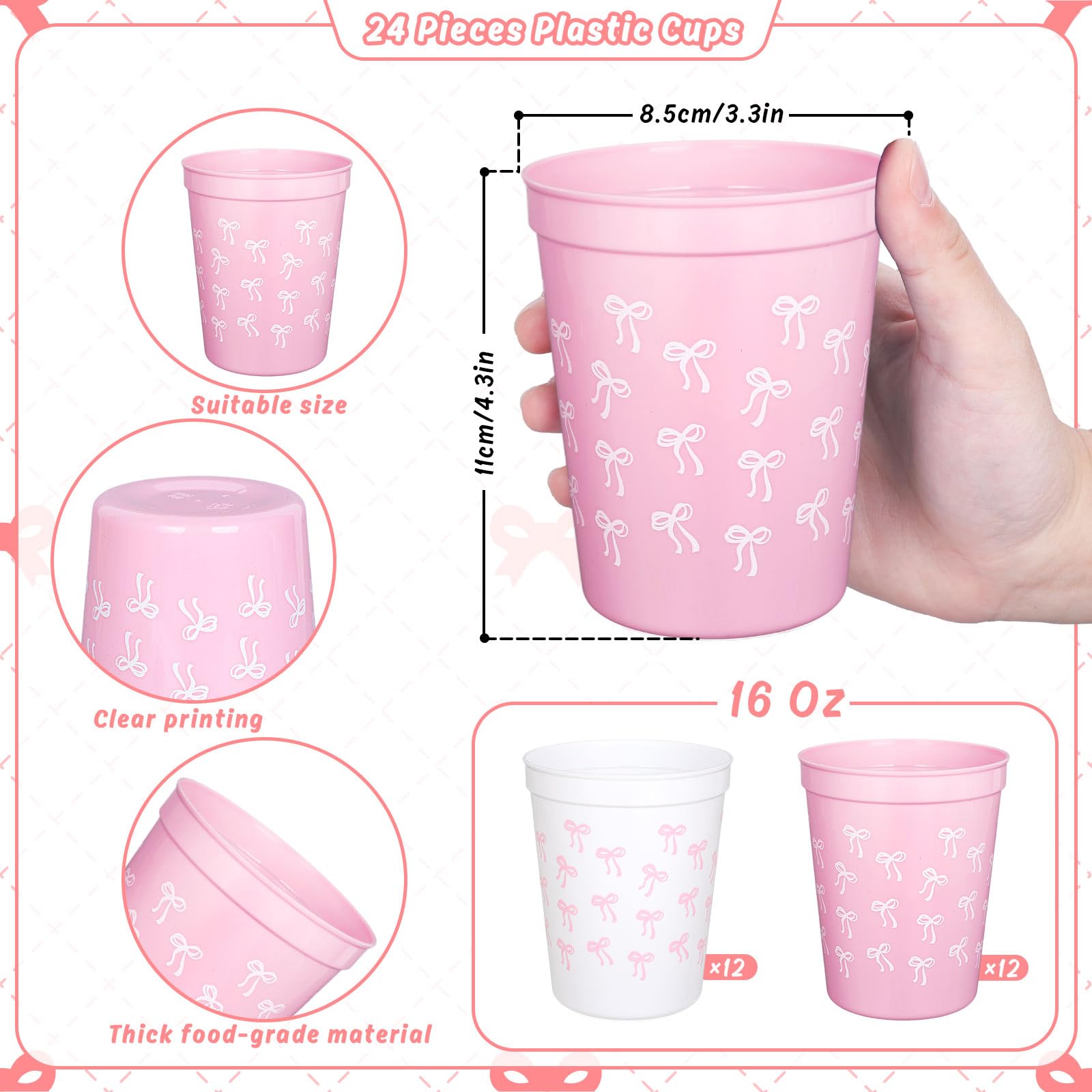 Whaline 24Pcs Bow Plastic Cups 16Oz Pink White Coquette Bowknot Disposable Drinking Cup Stackable Party Cups for Birthday Wedding Bridal Shower Bachelorette