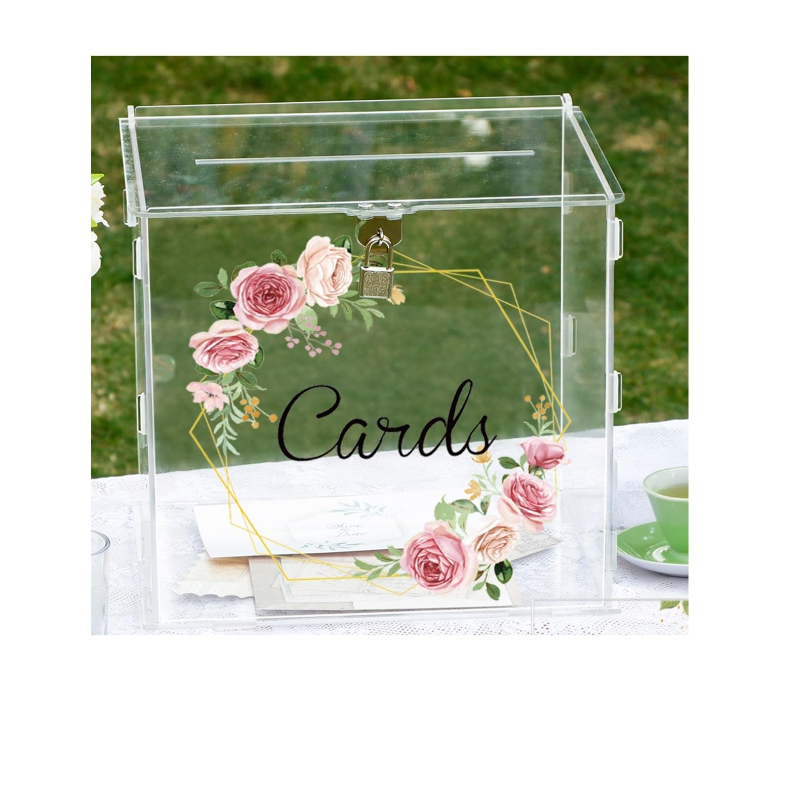YXINAER Wedding Card Box Pink Rose Hexagonal Wreath Card Box, Wedding, Suitable For, Graduation, Birthday Party