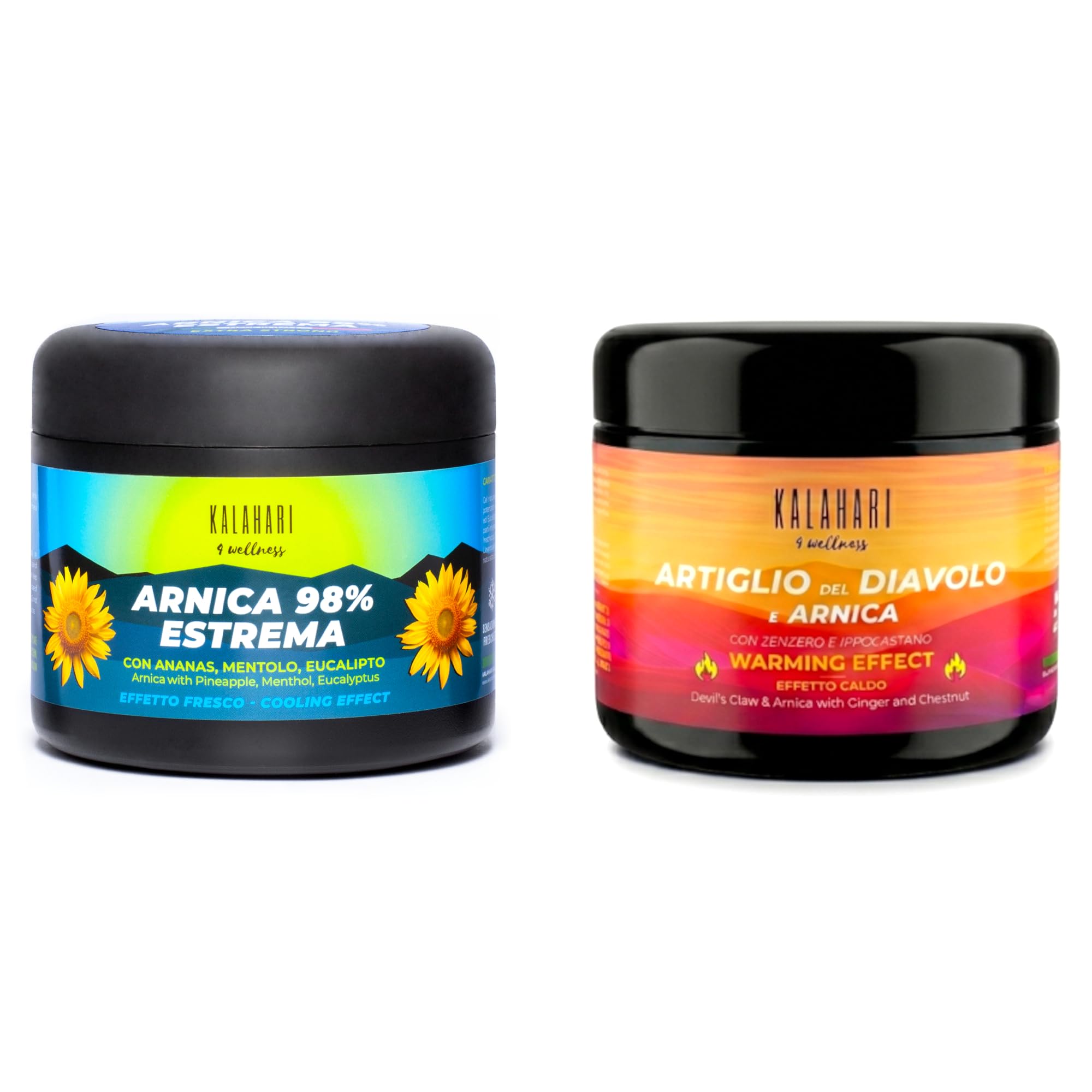 KALAHARI Kit Caldo + Freddo, Arnica Gel 98% + Artiglio del Diavolo, Pre e Post allenamento, Azione intensa per massaggi a Muscoli e Articolazioni, Contratture, Mobilità – Extra forte, Made in Italy