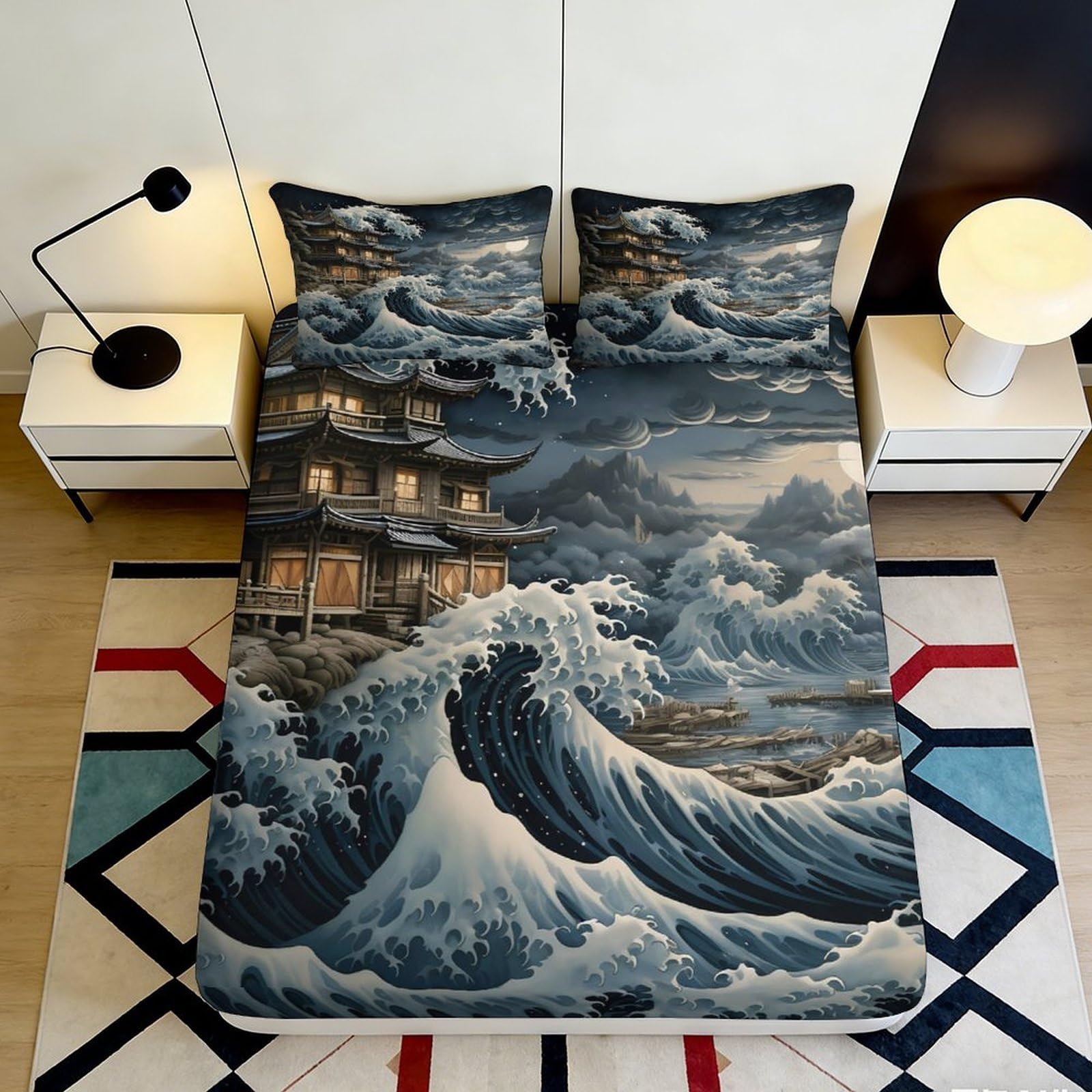 3D Printed Traditional Japanese Wave Fitted Sheet Microfiber Soft Breathable Asian Temple Bed Cover for Bedroom Dormitory Guest Room Mattress Protection 200x200x25cm