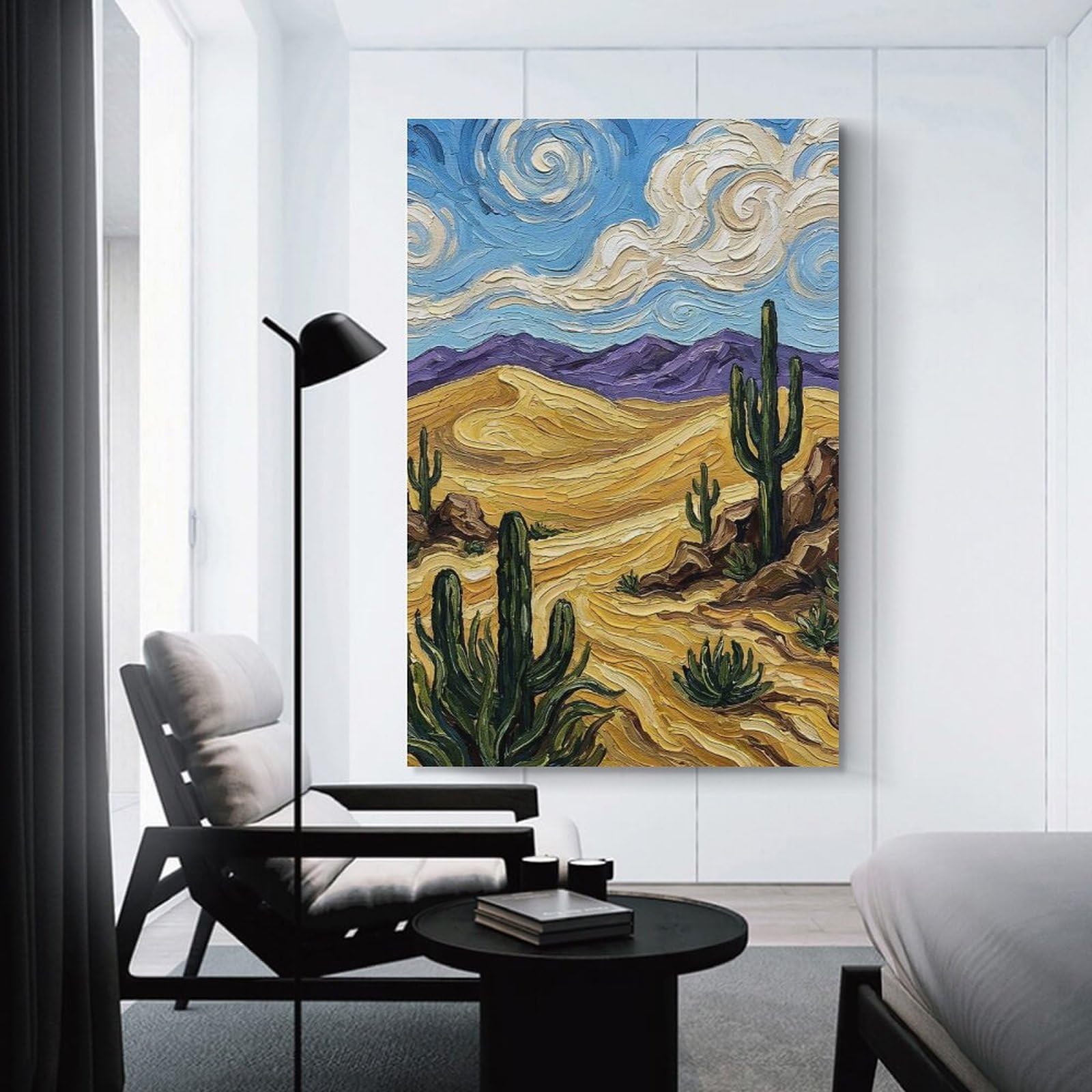 Junmoney Desert Landscape Painting with Cacti Canvas Wall Decor, 24x36inch(60x90cm), for Bedroom, Guest Room Or Reading Nook, Canvas Wall Decor for Personal Spaces