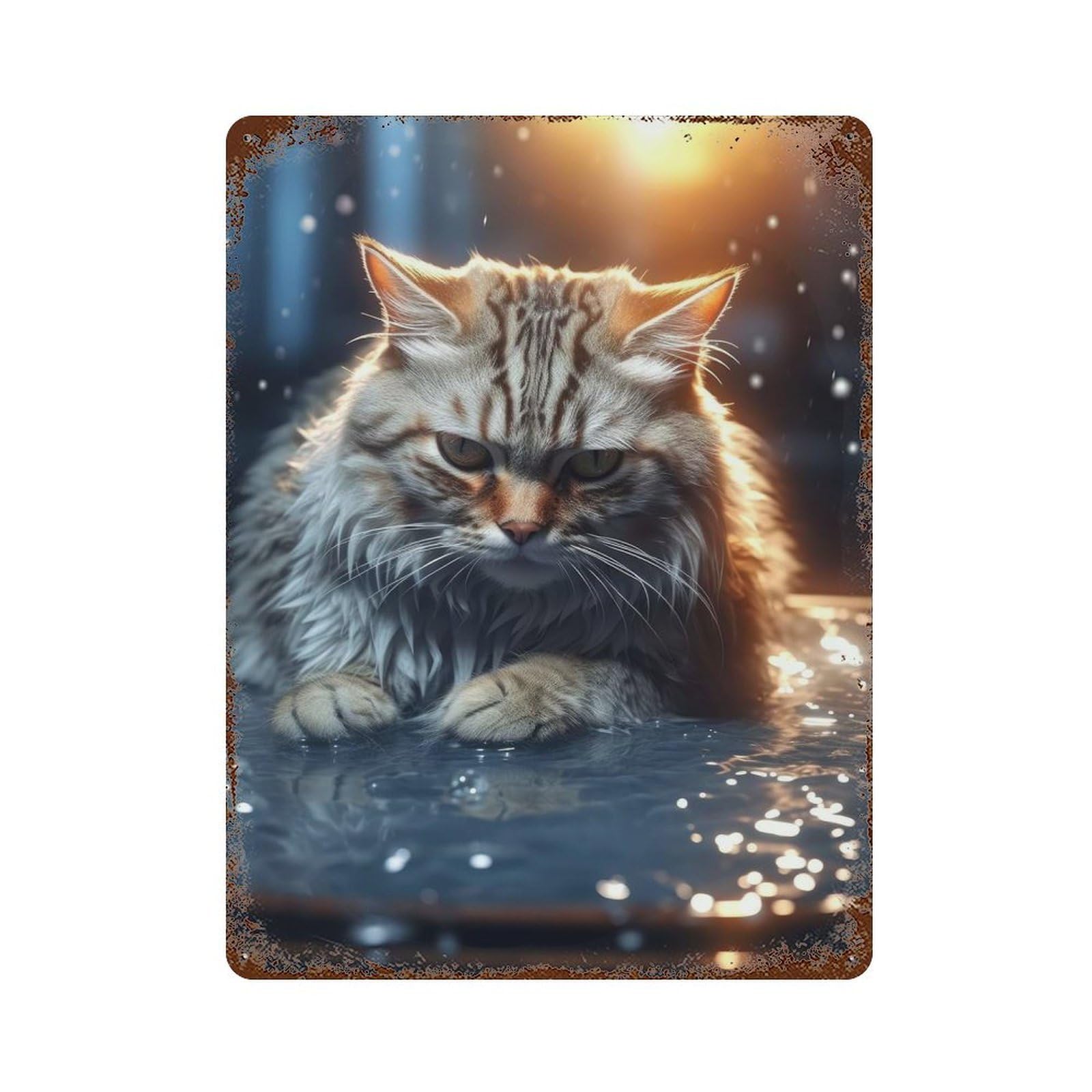 Weathered Tin Sign with Angry Cat Kitty in Water Design 15.7"x11.8", for Basement, Hobby Room And Garage Decor, Industrial Home Decor