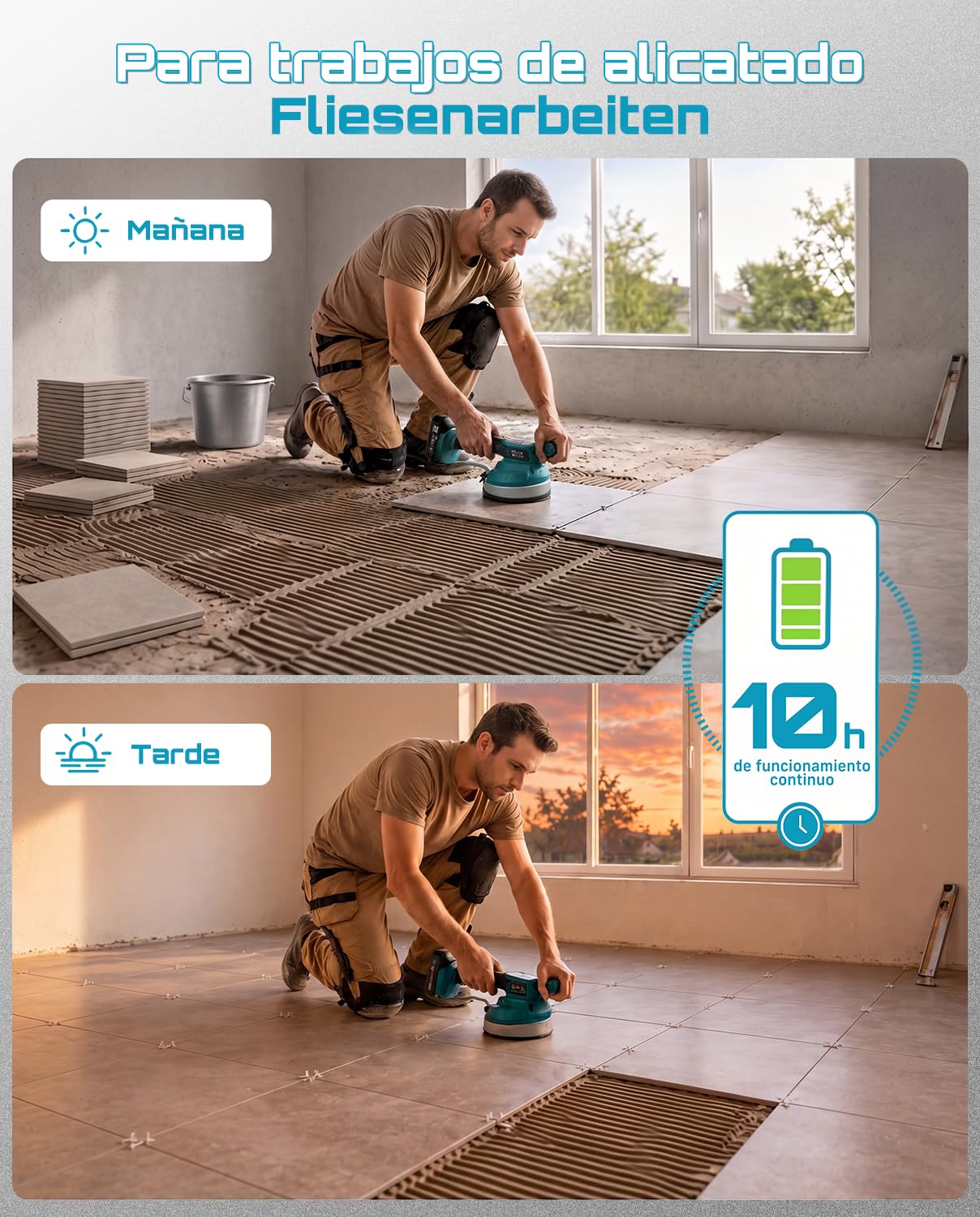 SEESII Máquina Vibradora Azulejos 160mm Para La Colocación De Azulejos | 2 Baterías 2000 mAh, Azulejos 30–150 cm, 28.000 RPM Anti-Burbujas, 10 H, 12 Vel., 159 Kg, Compatible Makita 18V