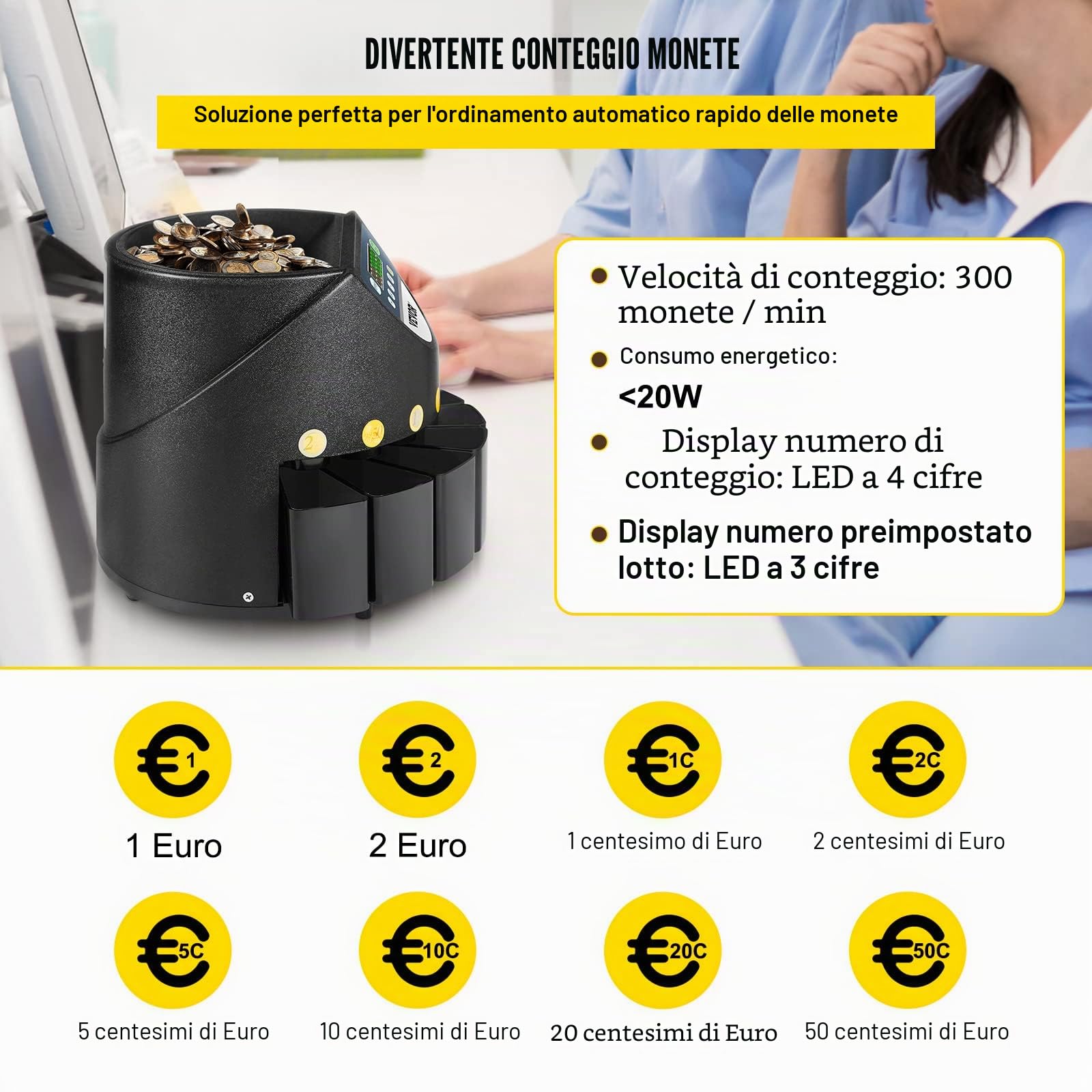 VEVOR Contamonete Professionale Euro 220V 300 Monete al Minuto Conta Monete Euro Capacità di Moneta Selezionatrice di Monete 700 Macchina Contamonete Euro con 8 Scatole di Raccolta
