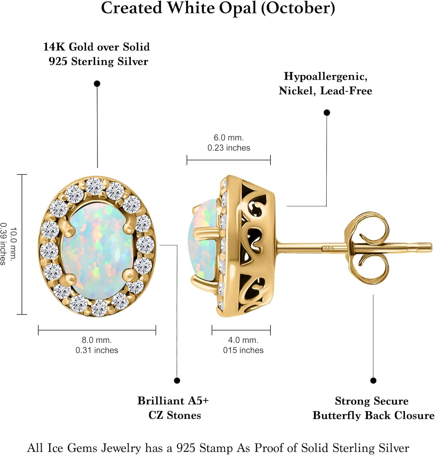 ICE GEMS Birthstone Earrings for Women, 925 Sterling Silver Yellow Gold Flashed Genuine, Created or Simulated Gemstone & CZ Accents 11mmx9mm Oval Halo Stud Earrings - Image 6