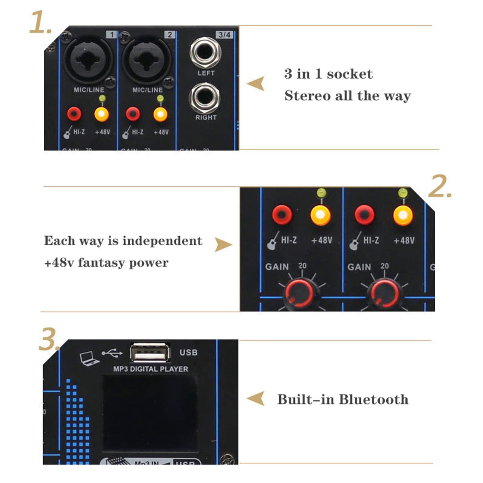 Miksery na żywo 6-kanałowy mikser audio dj z MP3 USB Bluetooth, 16 efektów DSP Echo Mikser do transmisji na żywo, muzyki, karaoke, podcastów