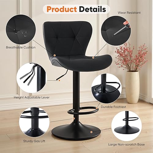 Miniatura 4 de Sweetcrispy Juego de 2 taburetes de bar modernos, taburetes de bar giratorios tapizados de piel sintética ajustables, sillas de bar con respaldo