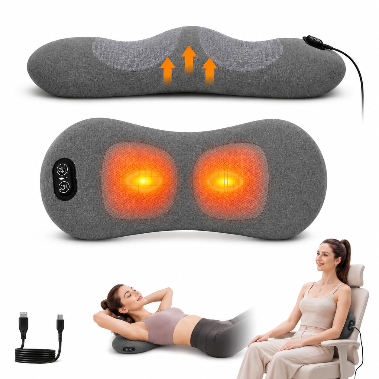 3 in 1 Rückenmassagegerät mit Massage und Wärme | Ergonomische Lendenstütze aus Memory Foam, Rückenstütze für Büro Auto und Zuhause mit Air Lift Funktio