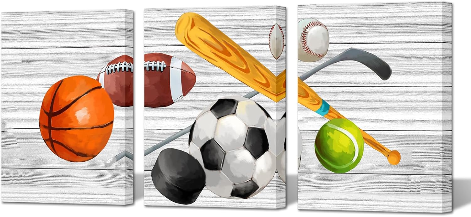 DuoBaorom Sports Canvas Wall Art Basketball Football Baseball Soccer Picture Kids Boys Room Decor 12"x16"