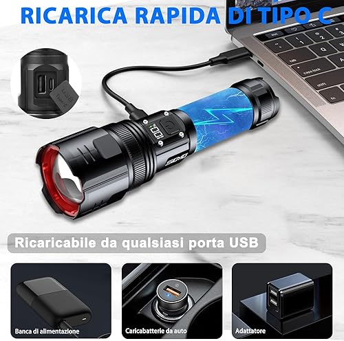 Miniatura 6 de Linternas de alto lúmenes, 200000 lúmenes linterna recargable con pantalla de alimentación digital, linterna táctica con zoom, 4 modos para camping,