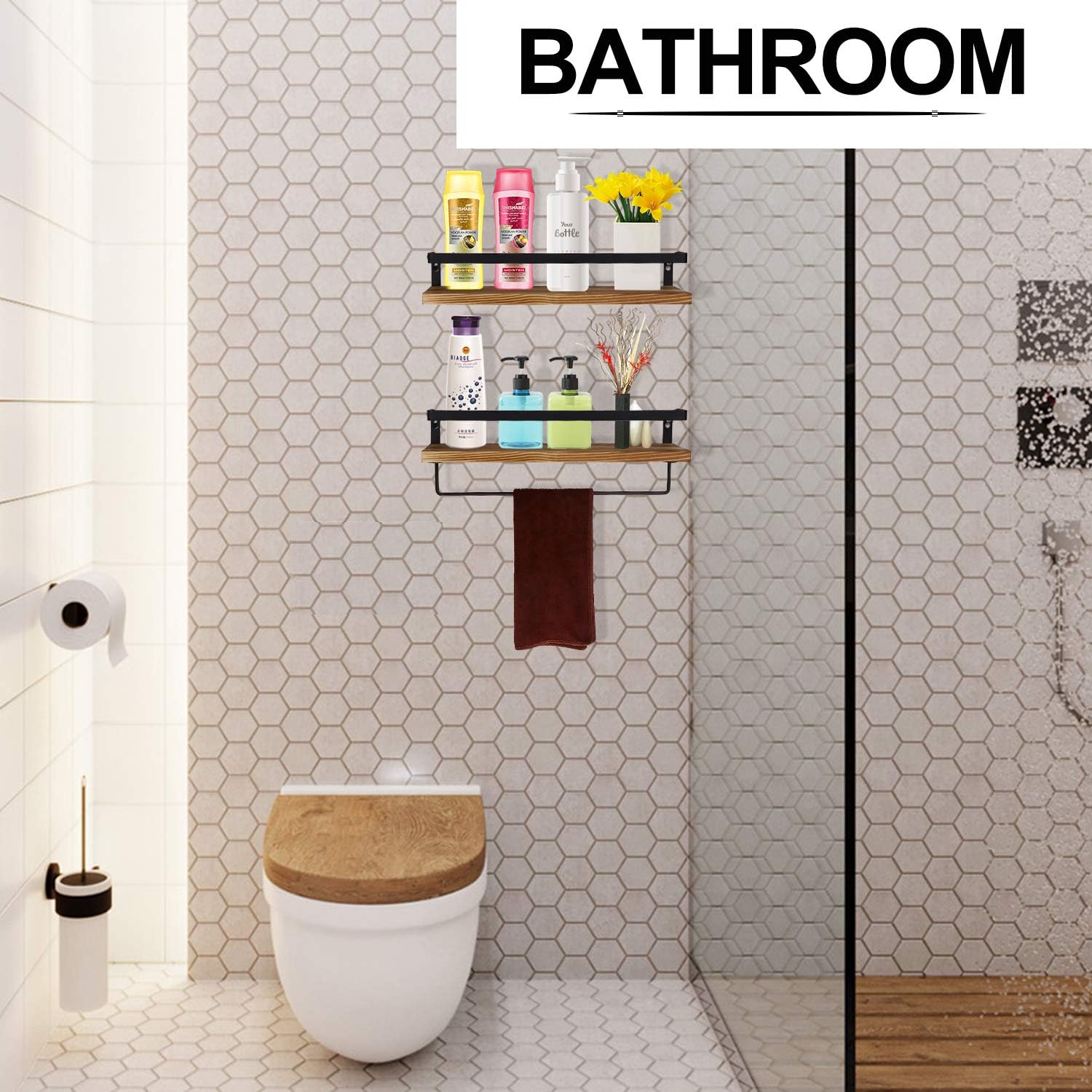 Hasitpro Bathroom Floating Shelves Rustic Wood Wall Mounted Storage Shelves for Kitchen Living Room,Sets of 2,Brown