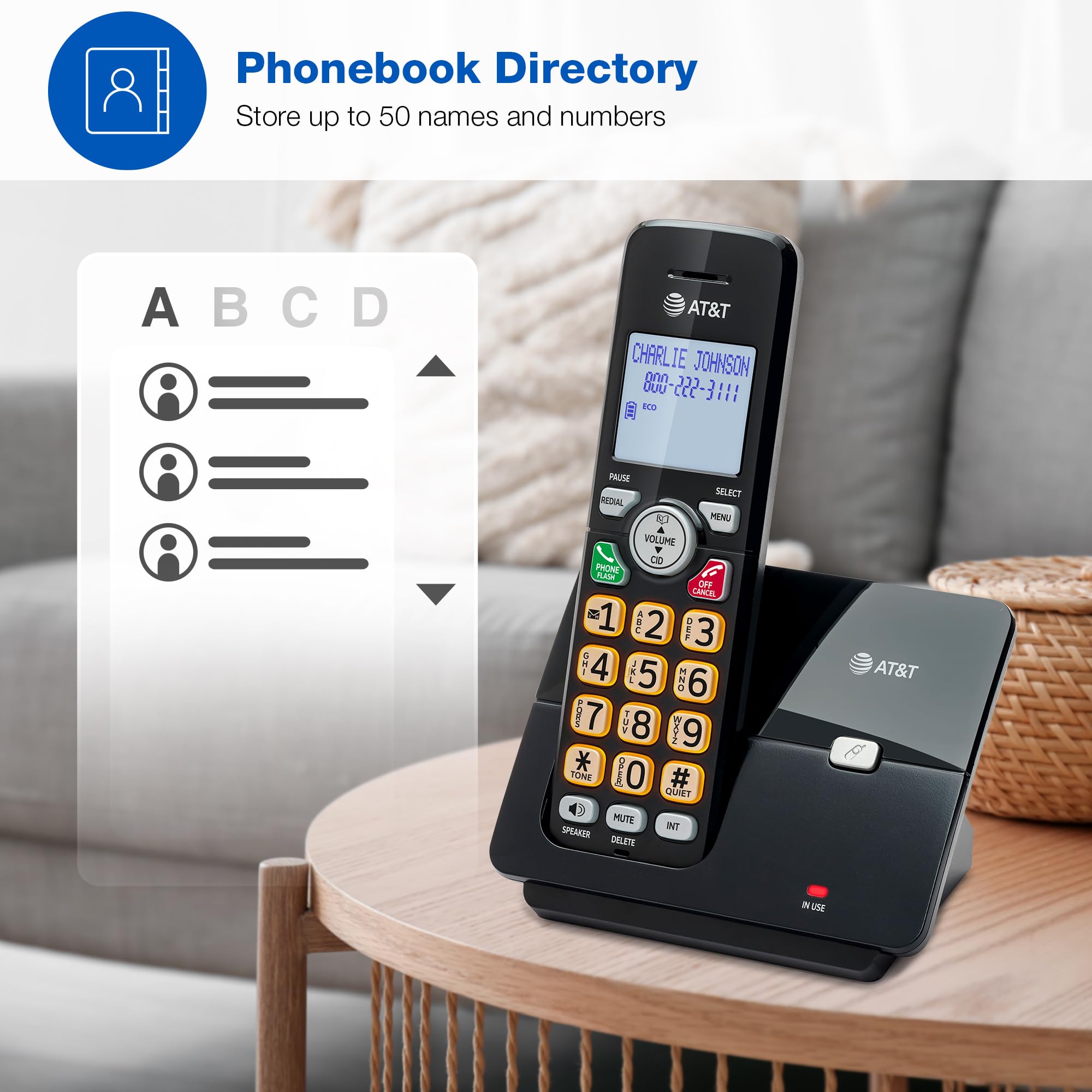 AT&T - Teléfono Fijo de 1 Auricular con identificador de Llamadas/Llamada en Espera, teléfono inalámbrico DECT 6.0 Full-Duplex Handset Altavoz, Teclado retroiluminado y visualización, Modo silencioso