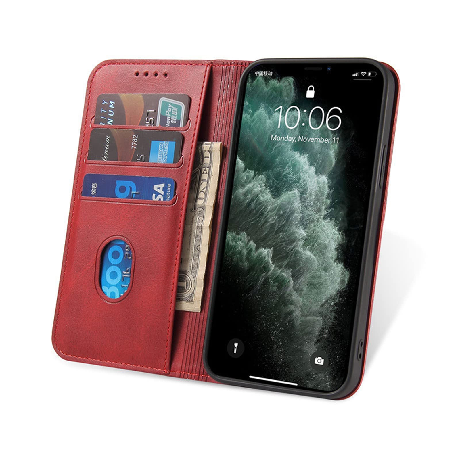 LTL Etui na telefon do iPhone 13 Mini/13/13 Pro/13 Pro Max, ręcznie robione skórzane etui z klapką z przegródkami na karty, etui na telefon, magnetyczne zamknięcie, czerwone, 13 mini 5,4 cala