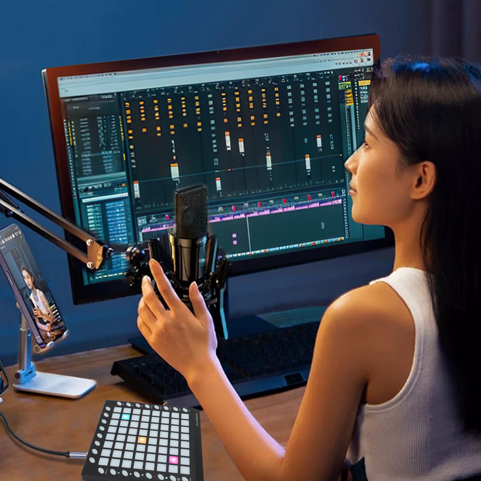 Controller Pad Midi, Controllo Personalizzabile Beat Maker Midi Drum Machine con 64 Pad RGB Suoni 128GM 8 Pulsanti RGB 6 Controlli di Trasporto, per Performance Dal Vivo