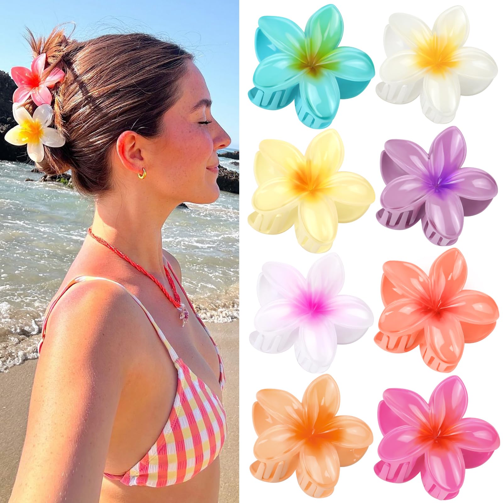 Kavya Fermaglio per capelli in plastica, grande, 8 pezzi, a forma di fiore, colorato, per donne e ragazze