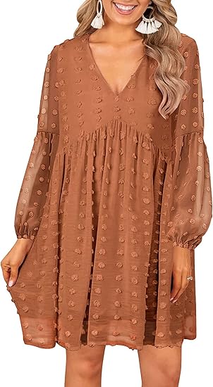 MIHOLL Women's V Neck Short Sleeve Ruffle Loose Summer Flowy Mini Dress