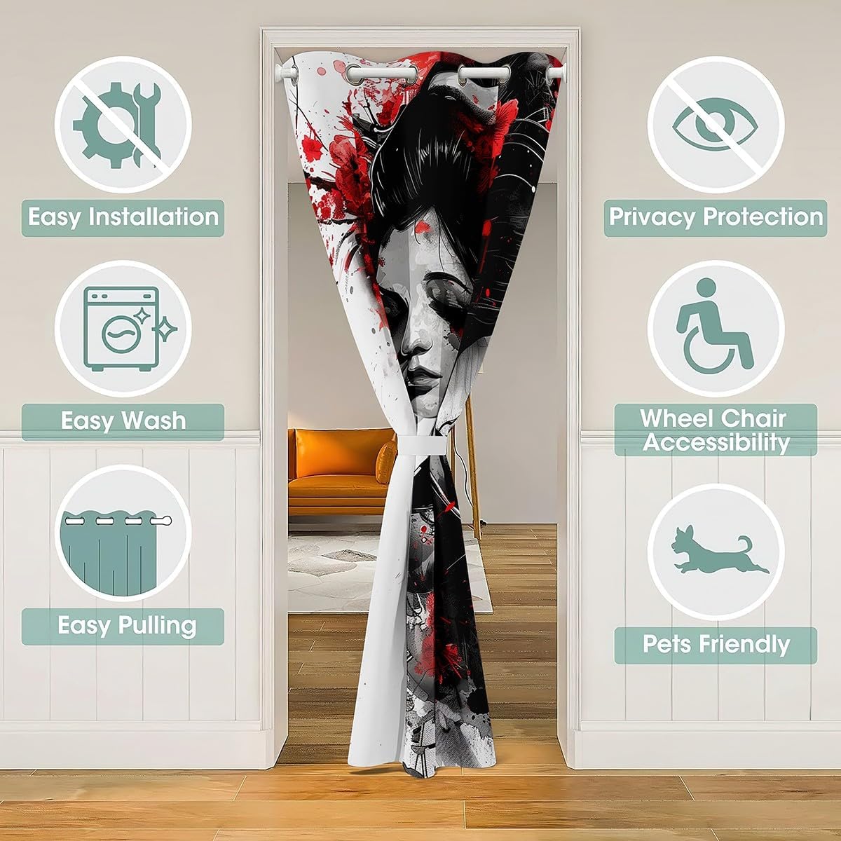 Feelyou Kids Japan Art Geisha Doorway Curtain 1 Panel, 42"x84" Boys Girls image 3