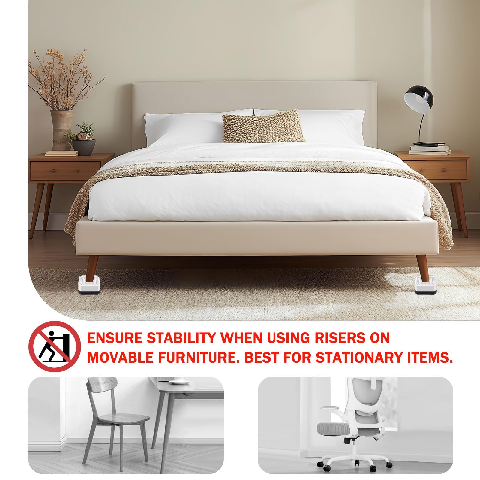 ANNKUT Elevadores de muebles de cama resistentes, bloques de soporte rectangulares ajustables para camas, escritorios, sofás, sillas, elevación de hasta 1.5 pulgadas, soporta hasta 4000 libras (blanco